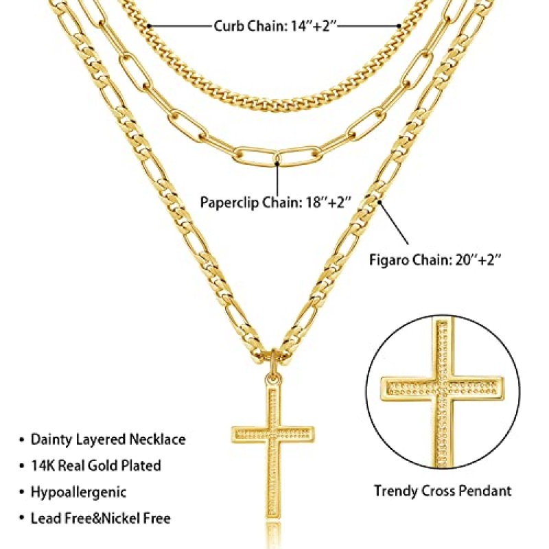 KissYan 여성을위한 골드 계층 목걸이, 14K 골드 도금 Dainty Layering Cross Evil Eye Hamsa 핸드 하트 비트 태양 펜던트 체인 목걸이 보호 보석 선물