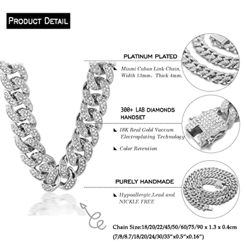 할루카카 남성용 골드 쿠바 링크 체인, 13MM 아이스 아웃 마이애미 스타일, 18K 리얼 골드 도금/플래티넘 화이트 골드 마감 팔찌 목걸이, 풀 CZ 다이아몬드 컷 프롱 세트, 선물 상자 포함