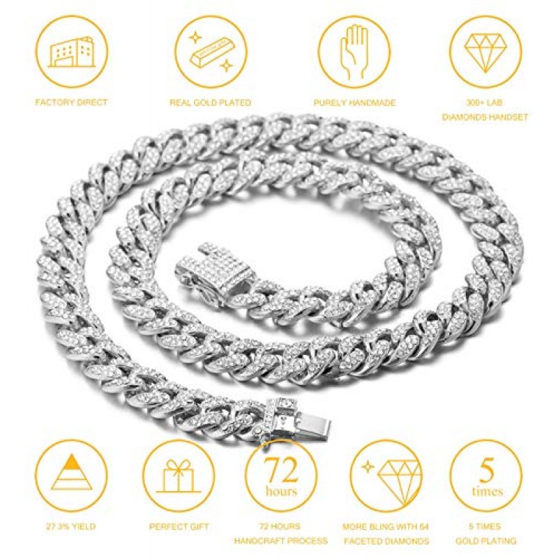 할루카카 남성용 골드 쿠바 링크 체인, 13MM 아이스 아웃 마이애미 스타일, 18K 리얼 골드 도금/플래티넘 화이트 골드 마감 팔찌 목걸이, 풀 CZ 다이아몬드 컷 프롱 세트, 선물 상자 포함