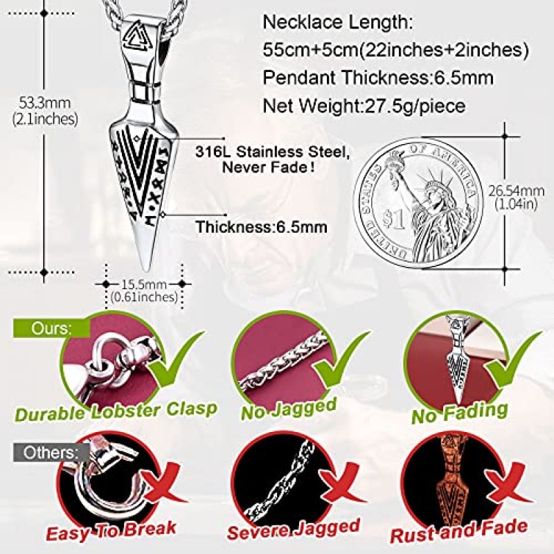 FaithHeart 노르웨이 바이킹 스피어 헤드 목걸이, 빈티지 북유럽 오딘 부적 펜던트 남성 여성을위한 스테인레스 스틸 쥬얼리 (선물 상자 포함)