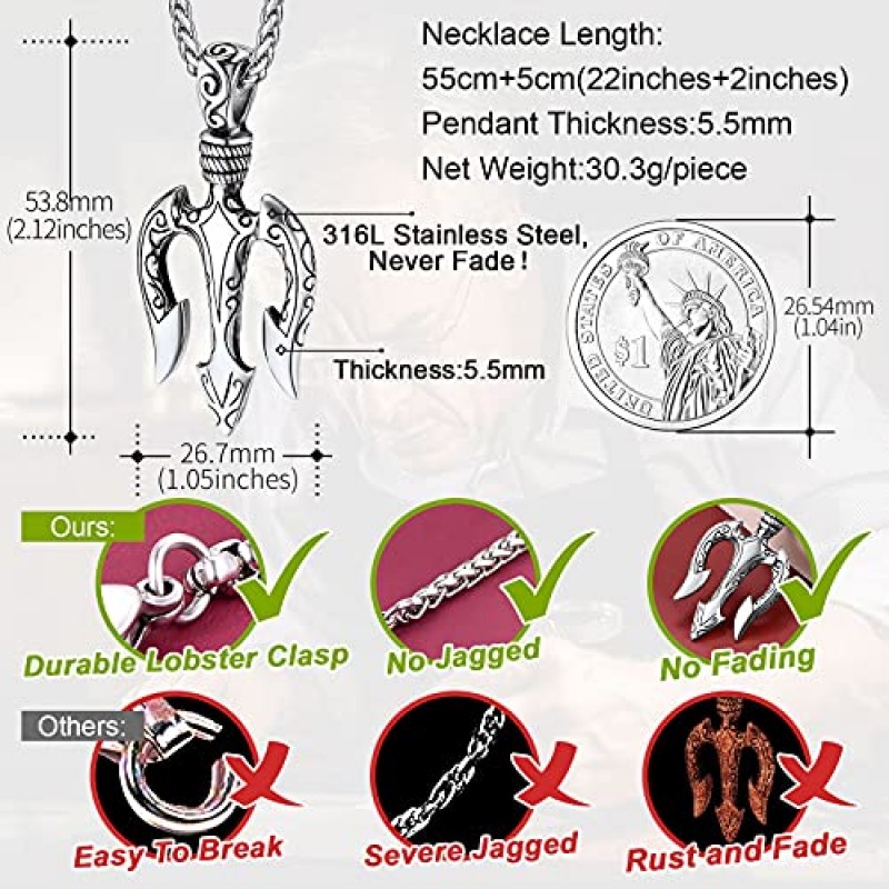 FaithHeart 포세이돈 펜던트 목걸이, 스테인레스 스틸/18K 골드 도금 고대 그리스 부적 쥬얼리 남성 여성 선물 포장