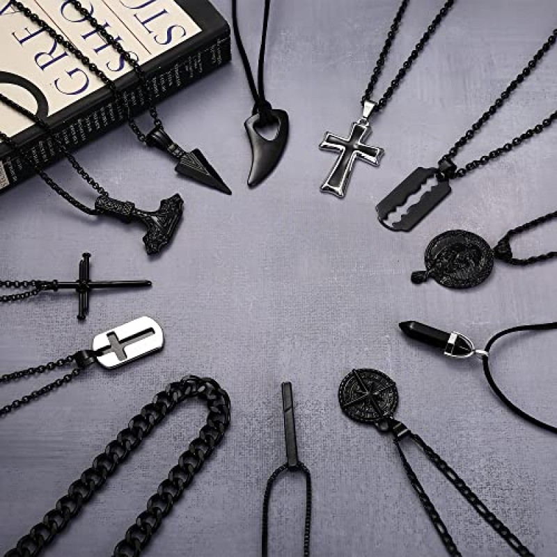 THUNARAZ 12 Pcs 남성용 바이킹 목걸이 크로스 레이븐 목걸이 쿠바 링크 체인 목걸이 스피어 포인트 화살촉 목걸이가있는 Mjolnir 부적 펜던트 목걸이 Norse Viking Jewelry