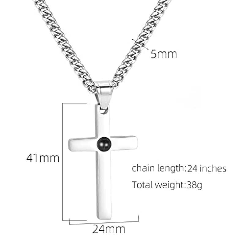 남성용 SytsLNKXXX 크로스 목걸이 - 스테인레스 스틸 실버 크로스 목걸이, 쿠바 링크 체인이 새겨진 성경 구절과 사랑 크로스 펜던트, 남성 여성과 소년을 위한 신앙 보석 선물, 5mm 너비, 18-24인치