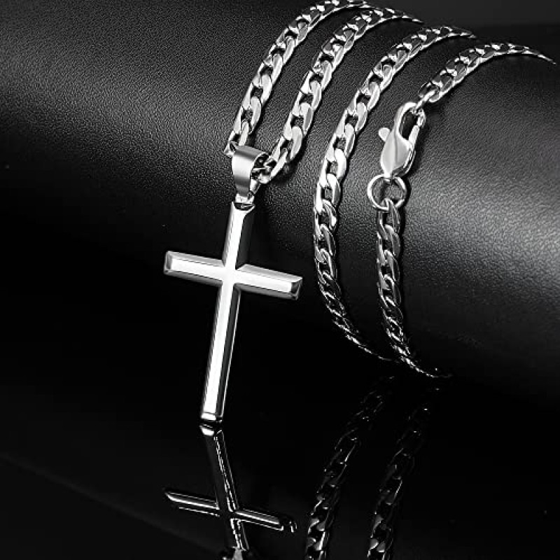 Cameido 925 스털링 실버 크로스 목걸이 남성 여성 4.5mm 스테인레스 스틸 고광택 쿠바 링크 체인 18K 화이트 골드 도금 경 사진 가장자리 십자가 크로스 펜던트 목걸이 16-28 인치