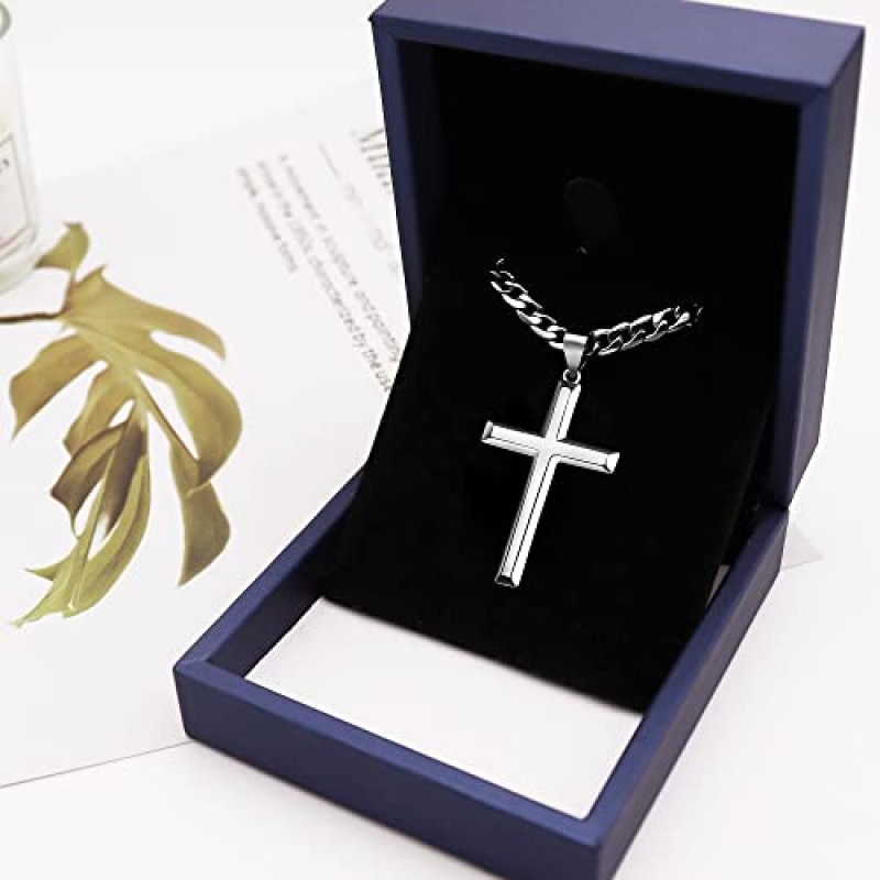 Cameido 925 스털링 실버 크로스 목걸이 남성 여성 4.5mm 스테인레스 스틸 고광택 쿠바 링크 체인 18K 화이트 골드 도금 경 사진 가장자리 십자가 크로스 펜던트 목걸이 16-28 인치