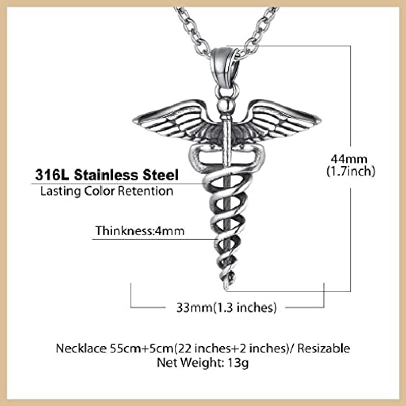 남성 여성을위한 Bandmax 의료 경고 목걸이 의사 간호사 의사 간호사 의료 보석 MD 목걸이 선물을위한 Stainess 강철 Caduceus 펜던트 목걸이