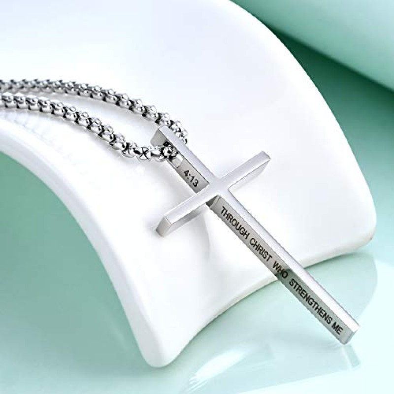 남성용 Rnivida 십자가 목걸이, 빌립보서 4:13 남성용 기독교 십자가 스테인레스 스틸 목걸이