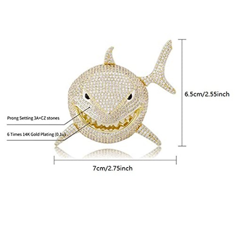 Xikui 다이아몬드 목걸이 체인, 18K 골드 도금 힙합 상어 펜던트, 쿠바 체인 폭 13MM 길이 19.7in(50cm) 남성/여성용, 아이스 아웃 체인, 휴일(할로윈, 크리스마스 ..) 선물
