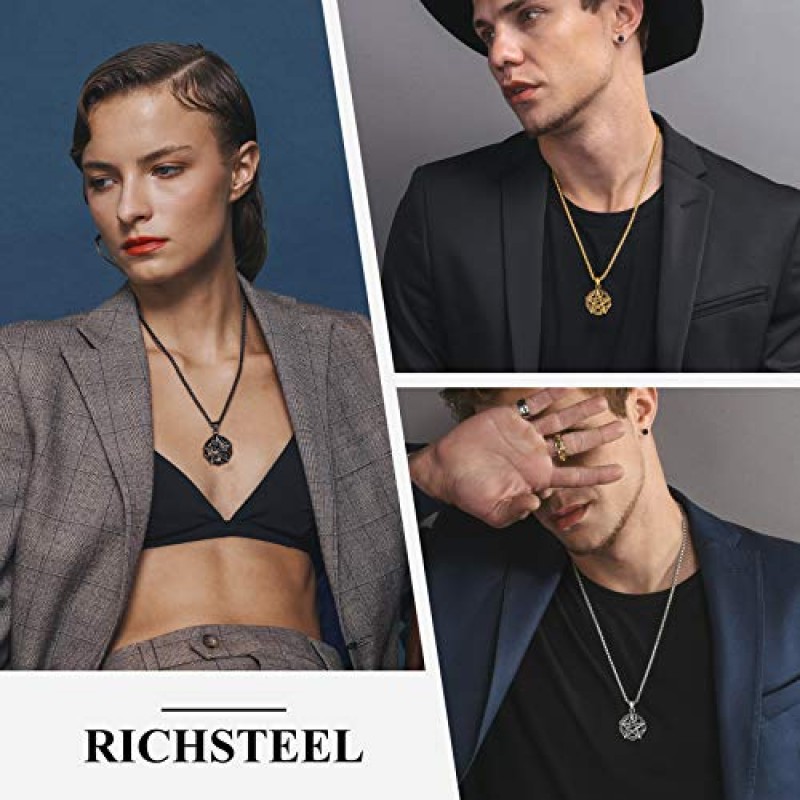 Richsteel 스테인레스 스틸/18K 골드/블랙 도금 스타 오각형 목걸이 남성용 펜타클 펜던트 체인 포함(선물 포장)