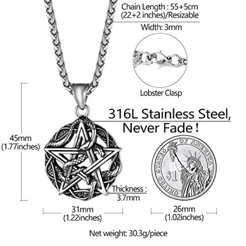 Richsteel 스테인레스 스틸/18K 골드/블랙 도금 스타 오각형 목걸이 남성용 펜타클 펜던트 체인 포함(선물 포장)