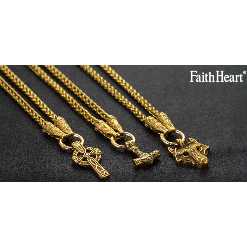 FaithHeart 남자 펑크 노르웨이 바이킹 목걸이 Chunky 목걸이, 스테인레스 스틸 Mjolnir/켈트 매듭 늑대 머리 체인 펜던트 부적 보석 선물 포장