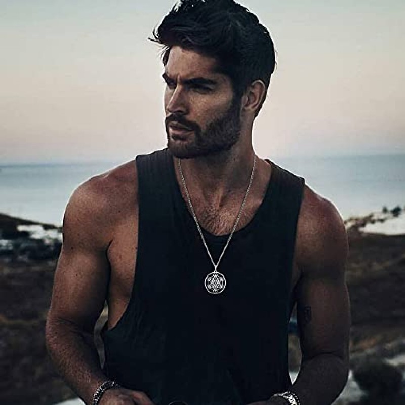 Hisatan Mens Metatron의 큐브 기호 메달 목걸이, 스테인레스 스틸 신성한 기하학 영적 부적 펜던트, 24