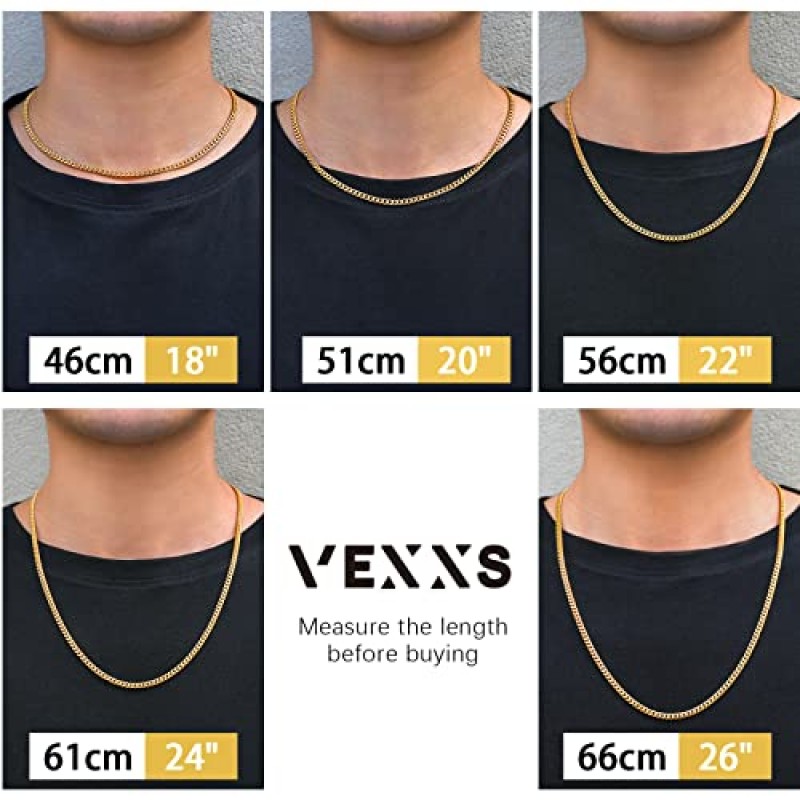 VEXXS 남성용 골드 체인, 18K 리얼 골드 도금 쿠바 링크 체인, 내구성이 뛰어난 색상 페이딩 없음 3mm 4mm 6mm 남성용 목걸이