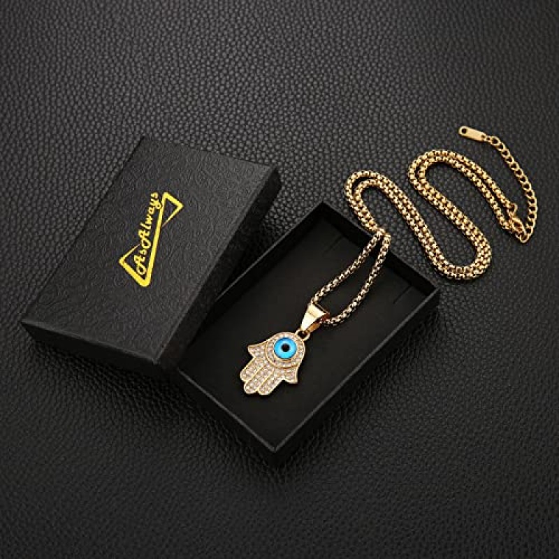 AsAlways 18K 골드 도금 파티마 펜던트 인레이 CZ 빈티지 힙합 락 펑크 토템 부적 매력 악마의 눈 파티마 Hamsa 핸드 목걸이
