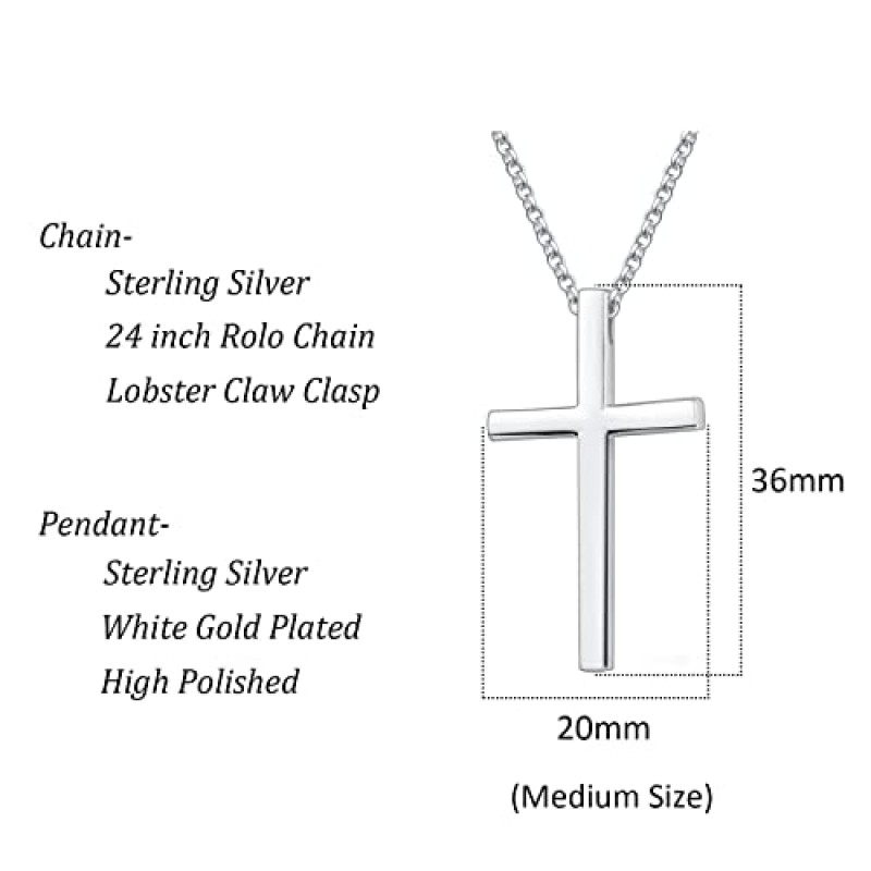 칼린 화이트 골드 도금 솔리드 스털링 실버 대형 남성 클래식 크로스 펜던트 목걸이 남성 소년 아들을위한 충실한 보석 선물, 24 인치 롤로 체인 랍스터 걸쇠