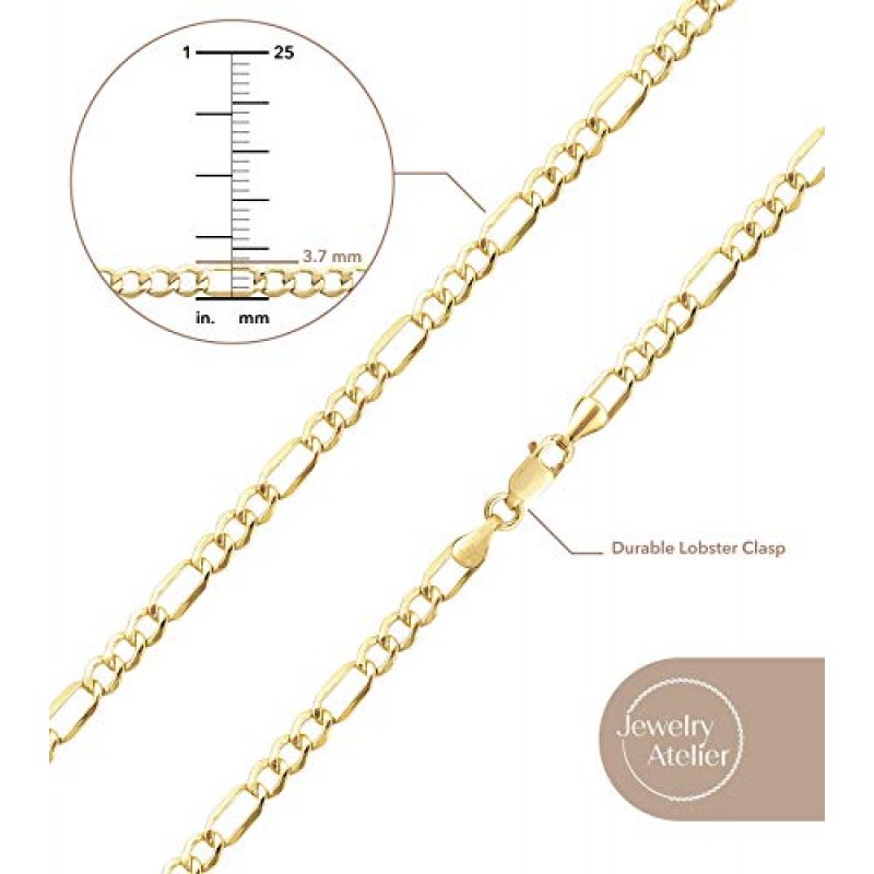 주얼리 아뜰리에 골드 체인 목걸이 컬렉션 - 다양한 크기(2.8mm, 3.7mm, 4.7mm, 5.6mm)의 여성 및 남성을 위한 14K 솔리드 옐로우 골드 충전 피가로 체인 목걸이