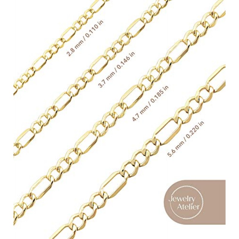 주얼리 아뜰리에 골드 체인 목걸이 컬렉션 - 다양한 크기(2.8mm, 3.7mm, 4.7mm, 5.6mm)의 여성 및 남성을 위한 14K 솔리드 옐로우 골드 충전 피가로 체인 목걸이