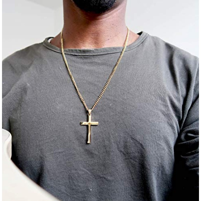 RIVETING JEWELRY 18K 골드 체인 스타일 크로스 펜던트 목걸이 남성용, 여성용, 청소년을위한 솔리드 걸쇠 참용 얇은 마이애미 쿠바 링크 다이아몬드 컷