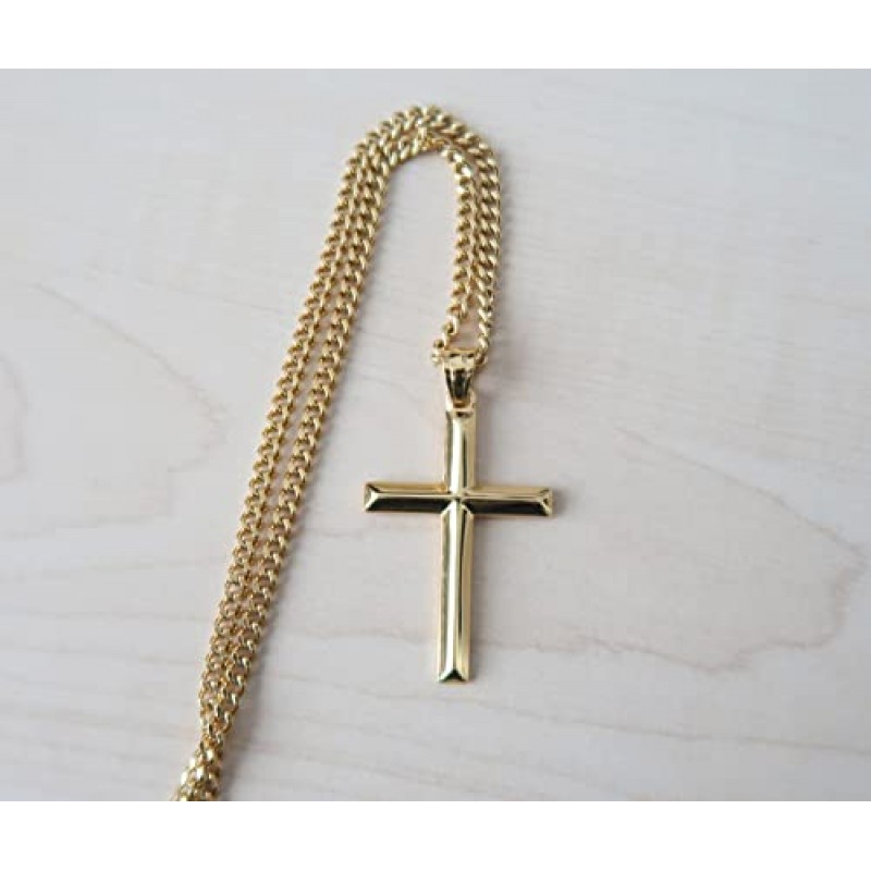 RIVETING JEWELRY 14K 골드 체인 소형 크로스 펜던트 목걸이 여성, 남성, 아내, 남편, 참용 얇은 걸쇠 마이애미 쿠바 링크 다이아몬드 컷 종교 경 사진 가장자리