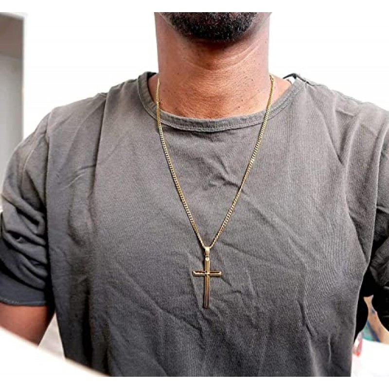 RIVETING JEWELRY 14K 골드 체인 소형 크로스 펜던트 목걸이 여성, 남성, 아내, 남편, 참용 얇은 걸쇠 마이애미 쿠바 링크 다이아몬드 컷 종교 경 사진 가장자리