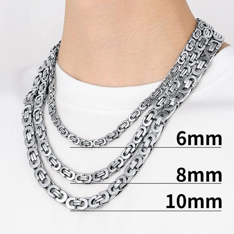 ChainsHouse 남성 여성을위한 플랫 비잔틴 체인 링크 목걸이, 6mm/8mm/10mm 너비, 18-30inch 길이, 316L 스테인레스 스틸/18K 진짜 금 도금 남성 팔찌 쥬얼리