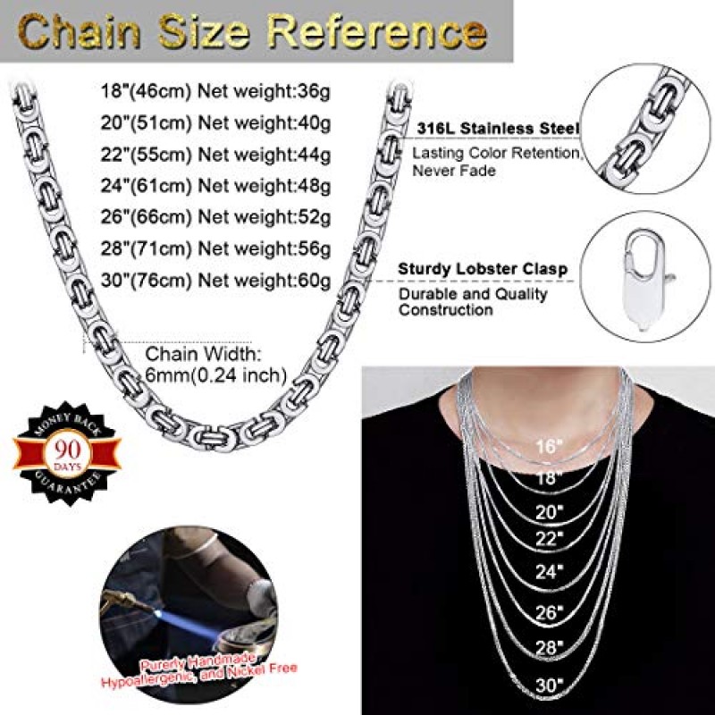 ChainsHouse 남성 여성을위한 플랫 비잔틴 체인 링크 목걸이, 6mm/8mm/10mm 너비, 18-30inch 길이, 316L 스테인레스 스틸/18K 진짜 금 도금 남성 팔찌 쥬얼리