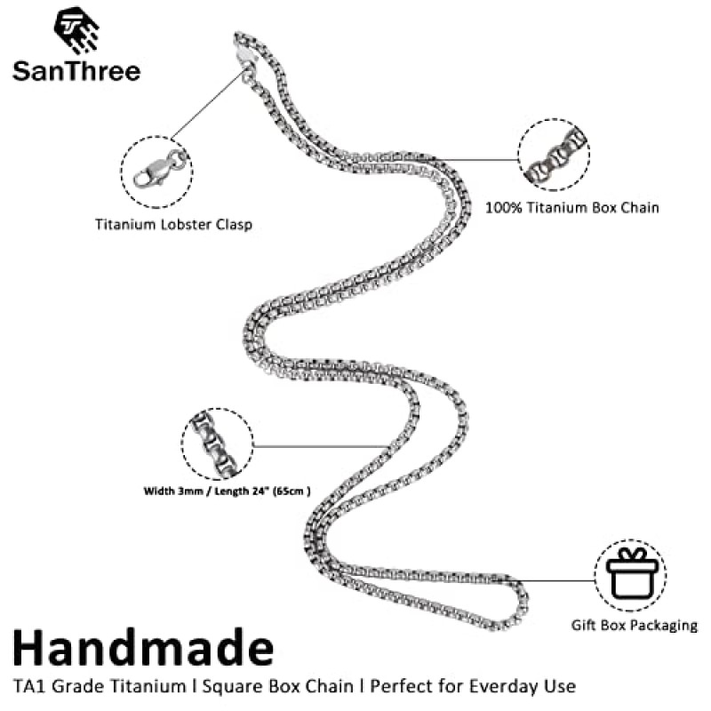 남성용 SanThree 순수 티타늄 목걸이 3mm 스퀘어 롤로 체인, 내구성이 뛰어난 피부 친화적인 솔리드 티타늄 라운드 링크 박스 체인 여성용 선물