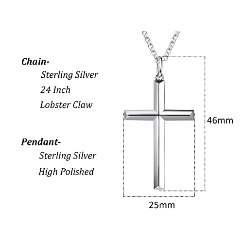 FANCIME 화이트 골드 도금 925 솔리드 스털링 실버 고광택 헤비 듀티 크로스 십자가 펜던트 목걸이 그를 위한 고급 보석 선물 아버지 소년, 롤로 체인 길이 24 인치/60CM
