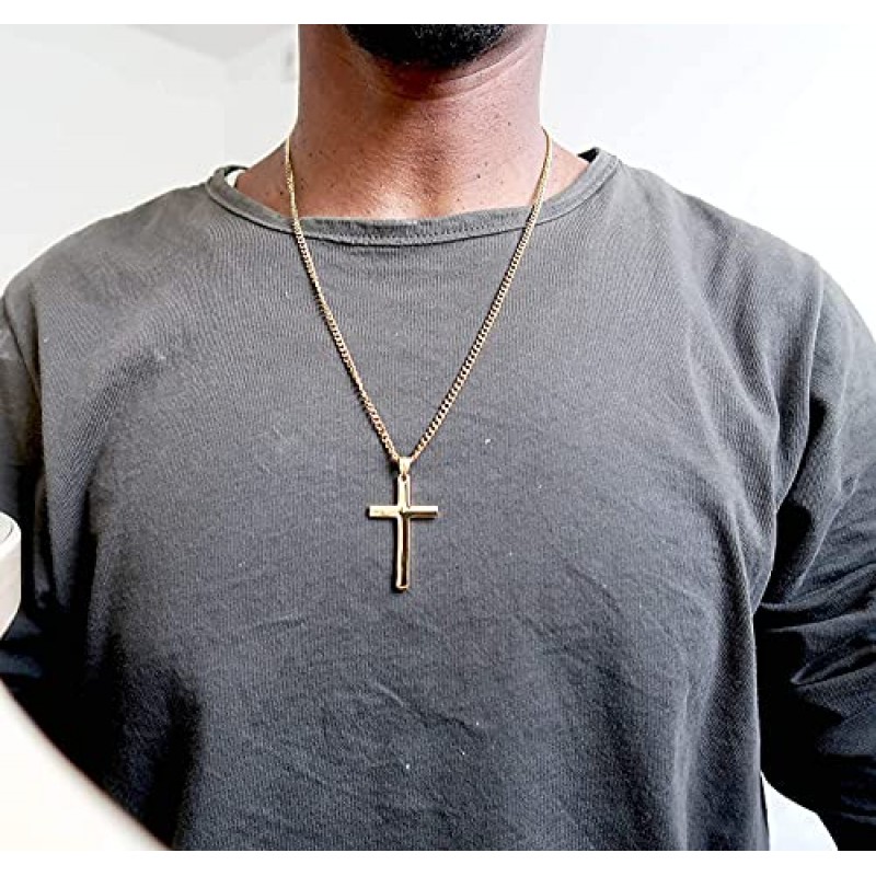 RIVETING JEWELRY 24K 골드 체인 스타일 크로스 펜던트 목걸이 남성용, 남편, 십대 용 솔리드 걸쇠 매력용 얇은 마이애미 쿠바 링크 다이아몬드 컷