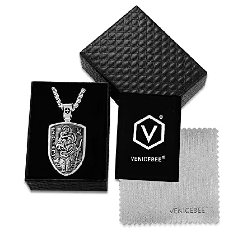 VENICEBEE 세인트 크리스토퍼 세인트 메달 보호 방패 성사 기독교 부적 - 솔리드 925 스털링 실버 펜던트 목걸이, 24