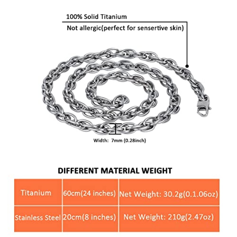 SanThree 7mm 순수 티타늄 트위스트 로프 체인 목걸이, 남성 및 여성을 위한 피부 친화적인 브레이드 힙합 목걸이 스포츠 생일 기념일, 24인치