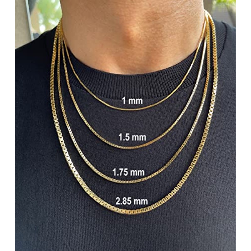 JEWELHEART 14K 10K 리얼 골드 박스 체인 - 남성용 1mm 1.5mm 1.75mm 2.85mm 다이아몬드 컷 골드 링크 체인 목걸이 - 여성용 우아한 골드 펜던트 목걸이 14