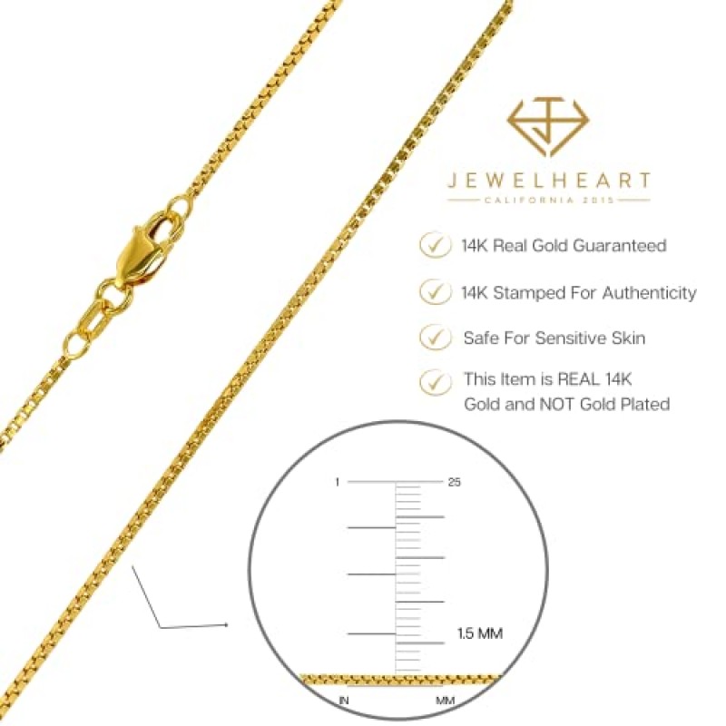 JEWELHEART 14K 10K 리얼 골드 박스 체인 - 남성용 1mm 1.5mm 1.75mm 2.85mm 다이아몬드 컷 골드 링크 체인 목걸이 - 여성용 우아한 골드 펜던트 목걸이 14