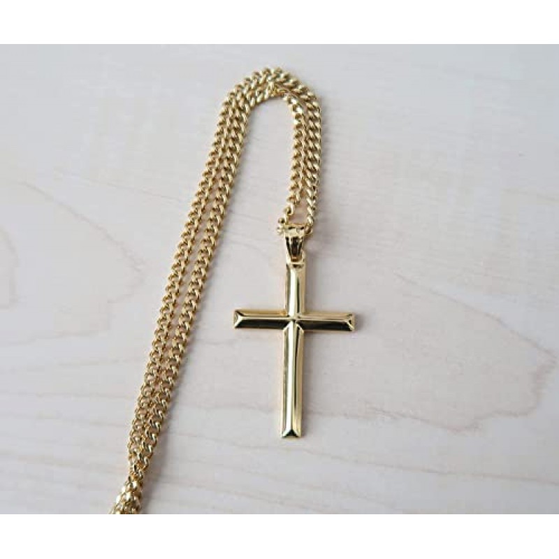 ADORATO JEWELRY 24K 골드 체인 작은 베벨 크로스 펜던트 목걸이 여성, 남성 아내, 남편을위한 3MM 쿠바 목걸이 걸쇠 매력에 얇은 마이애미 쿠바 링크 다이아몬드 컷 종교 경 사진 가장자리