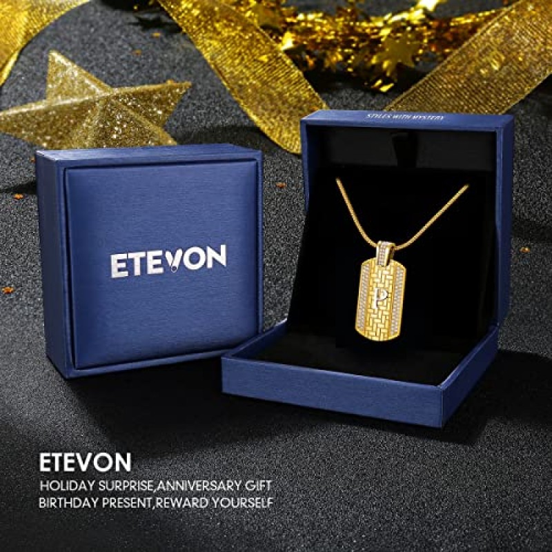 ETEVON 남성용 18K 골드 도금 초기 목걸이, 남성용 골드 스테인레스 스틸 문자 펜던트 목걸이 힙합 스퀘어 체인 쥬얼리 선물 남편 아버지 남자 친구 아들을위한 소년 생일 기념일 크리스마스 선물