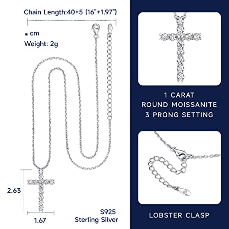 MomentWish 크로스 목걸이 실버, 여성 남성을위한 기독교 선물, 그를위한 Moissanite 목걸이, 925 스털링 실버 크로스 목걸이 생일 아버지 날 크리스마스 선물