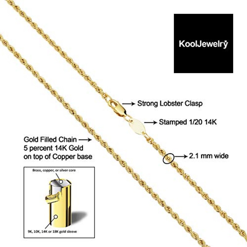 Kooljewelry 남성용 및 여성용 솔리드 14k 옐로우 골드 로프 체인 목걸이(2.1mm, 3.2mm, 4.2mm 또는 6mm)