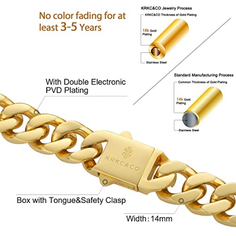 KRKC&CO 8/10/12/14mm 남성용 쿠바 링크 체인, 18k 골드 마이애미 쿠바 체인, 4면 컷, 힙합 주얼리, 항알레르기 목걸이, 내구성 및 변색 방지 도시 스트리트웨어, 퇴색하지 않음, 영원한 빛