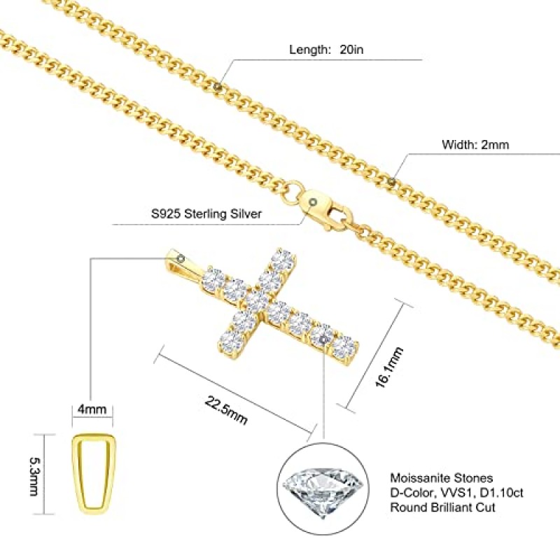 남성용 KRKC&CO 모이사나이트 다이아몬드 크로스 펜던트, S925 스털링 실버, D 컬러, 1.1캐럿, 2mm 20