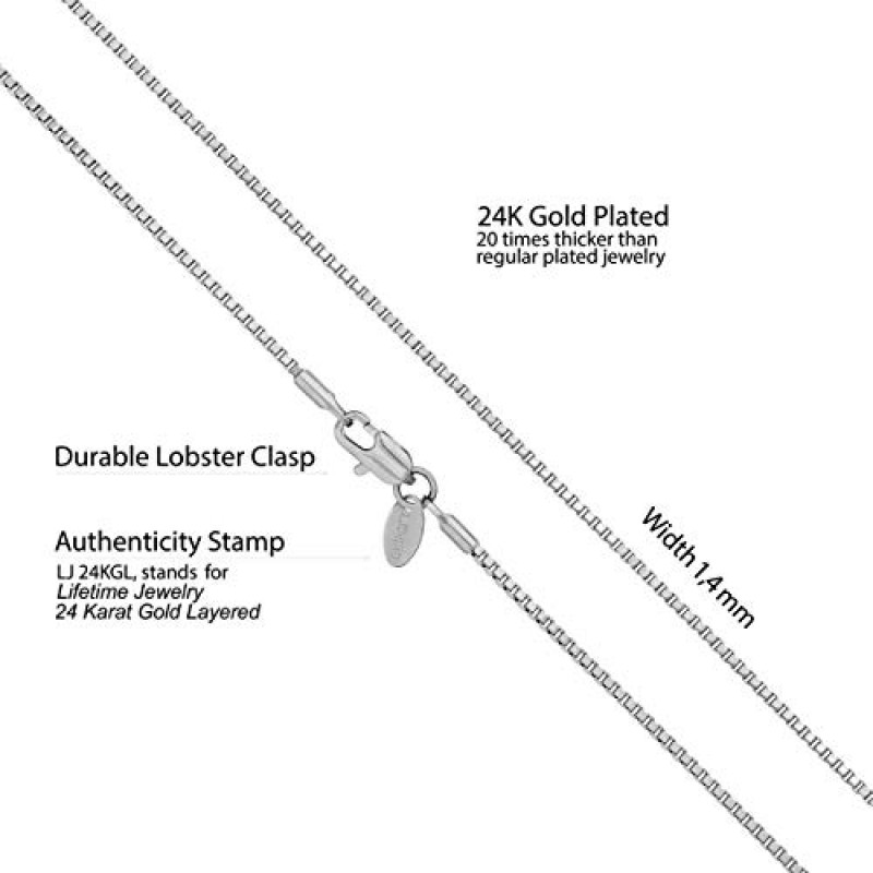 평생 주얼리 1.4mm 박스 체인 목걸이 여성용 및 남성용 24k 리얼 골드 도금