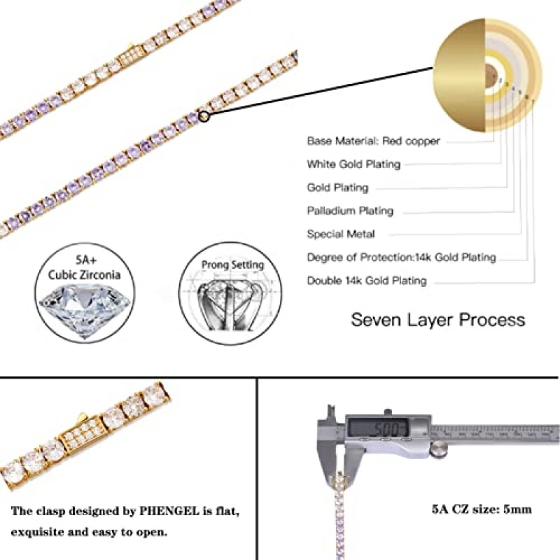 남성 여성용 PHENGEL 테니스 체인, 남성 여성용 14k 골드 체인, 아이스 아웃 체인 프롱 세팅 5A 큐빅 지르코니아 스톤 테니스 목걸이, 래퍼 용 ​​힙합 쥬얼리 5mm, 18 20 22 24 인치
