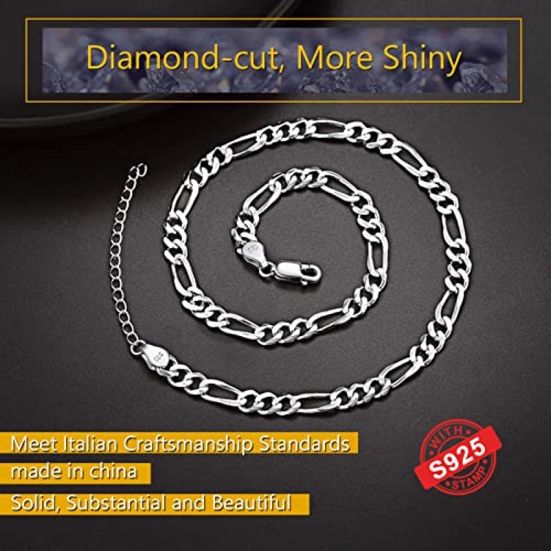 PROSTEEL 925 스털링 실버 쿠바 링크 체인 목걸이, 우아한 피가로 체인, 솔리드 & 샤이니, 3mm/5mm, 14-28인치, 선물 상자 제공