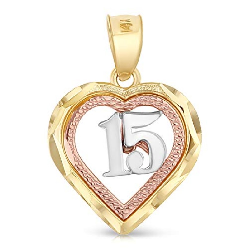 Ioka 14K 트라이 컬러 골드 스위트 15년 성인식 하트 참 펜던트, 1.5mm 발렌티노 체인 목걸이