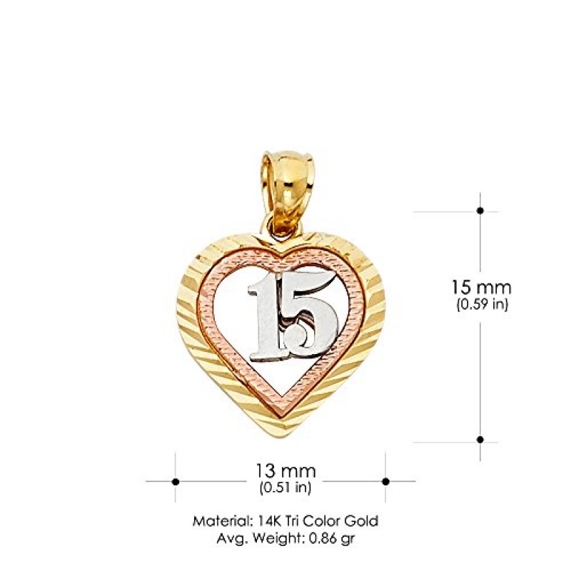 Ioka 14K 트라이 컬러 골드 스위트 15년 성인식 하트 참 펜던트, 1.5mm 발렌티노 체인 목걸이