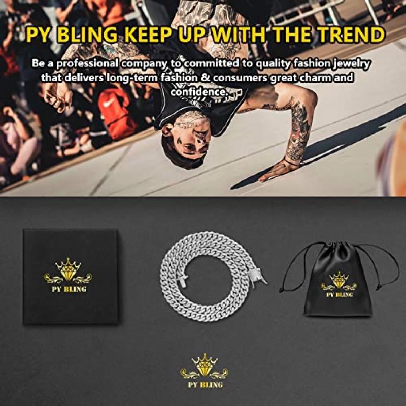 PY BLING 8mm 남성용 아이스 아웃 힙합 마이애미 쿠바 링크 체인 초커 14K/18K 골드 화이트 골드 도금 CZ 목걸이/팔찌 8.5