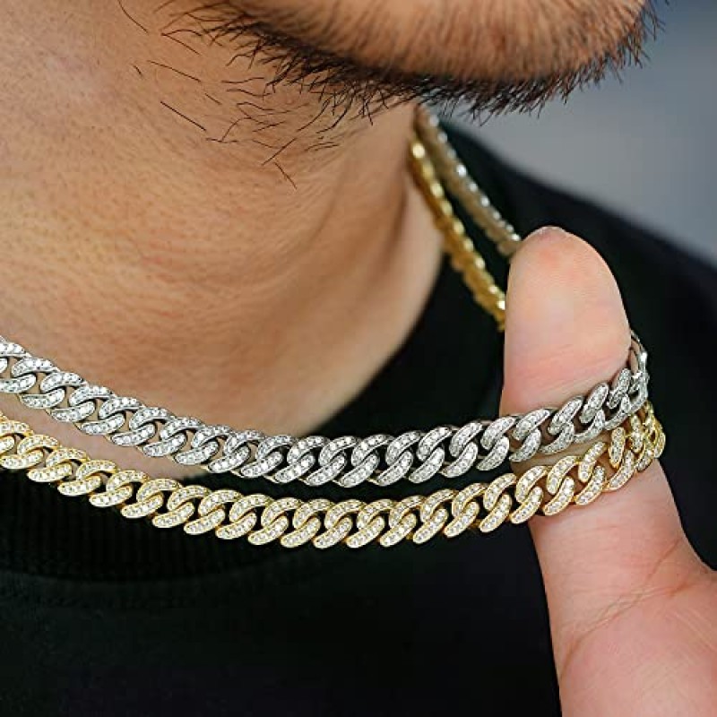 PY BLING 8mm 남성용 아이스 아웃 힙합 마이애미 쿠바 링크 체인 초커 14K/18K 골드 화이트 골드 도금 CZ 목걸이/팔찌 8.5
