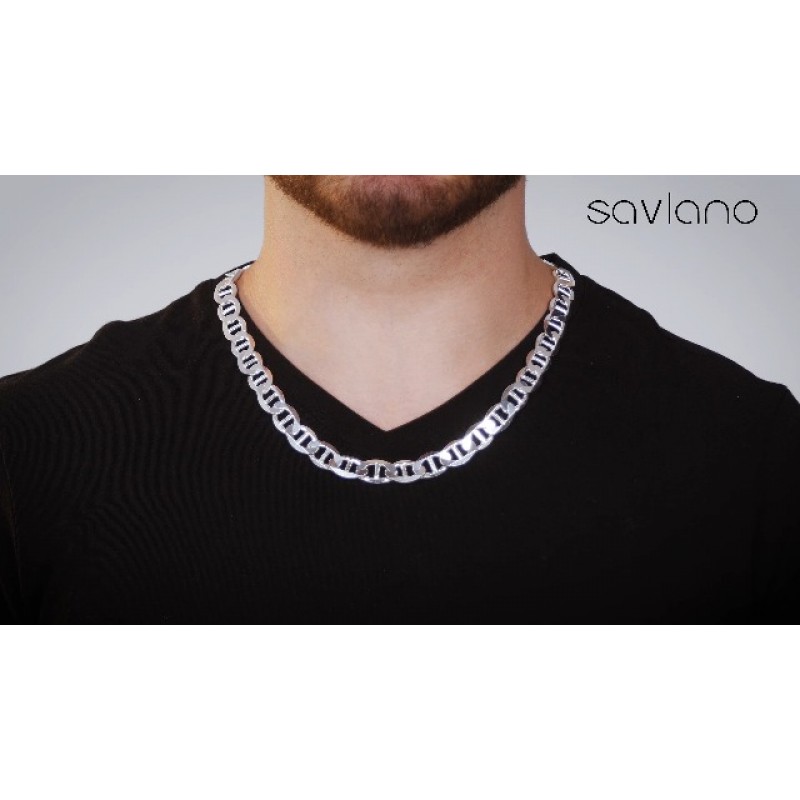 Savlano 925 스털링 실버 12mm 이탈리아 솔리드 플랫 마리너 링크 체인 목걸이(남성 및 여성용) - 이탈리아산 선물 상자와 함께 제공