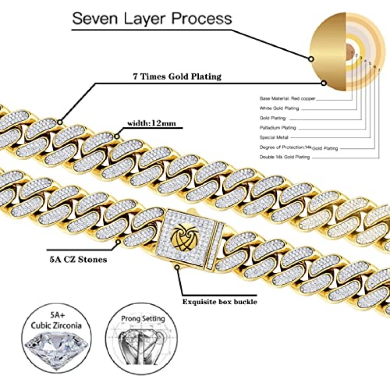 PHENGEL 남성용 12MM 15MM 20MM 체인 14K AAAAA+ CZ 완전 아이스아웃 마이애미 쿠바 링크 목걸이