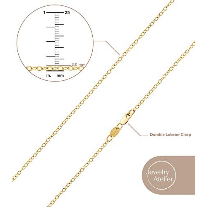 Jewelry Atelier 골드 체인 목걸이 컬렉션 - 다양한 크기(2.0mm, 2.7mm 또는 3.6mm)의 여성 및 남성을 위한 14K 솔리드 옐로우 골드 충전 케이블/롤로/펜던트 링크 체인 목걸이