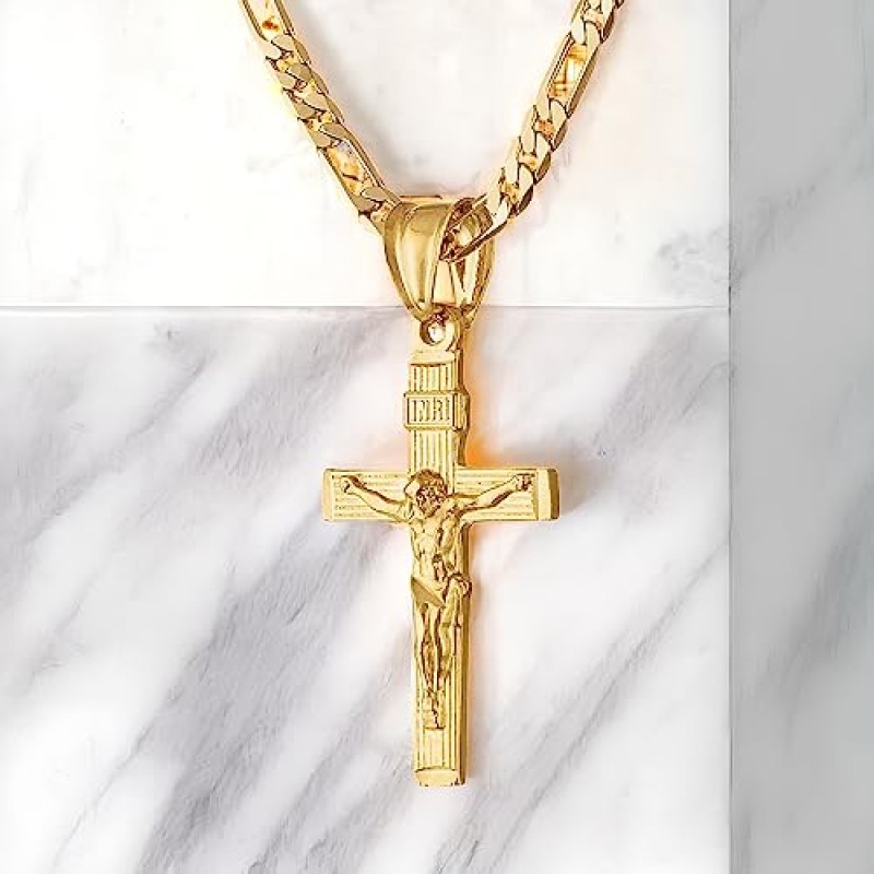 Angelus de Leon 14K 골드 스타일 피가로 체인 크로스 펜던트 목걸이 4MM 크로스 목걸이 걸쇠 남성용, 남편 얇은 매력 피가로 링크 다이아몬드 컷 종교 십자가